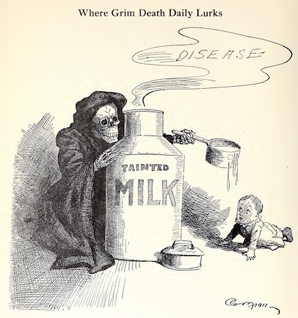 A political illustration from 1911, of death giving tainted milk to a baby.