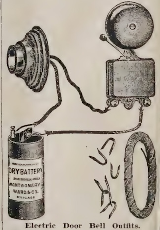 Old catalog page from 1908, showing a doorbell set with push button, battery, a bell, and wiring.