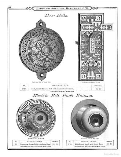 An old catalog page showing mechanical doorbells.