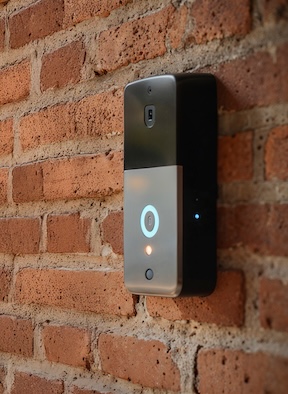 A picture of a smart doorbell on a brick wall.