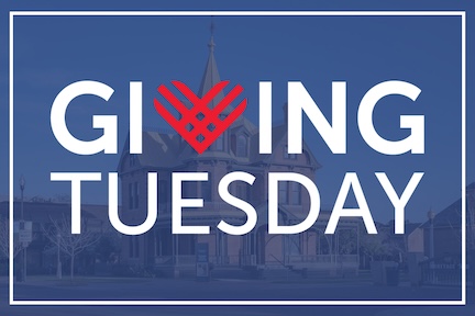 The words Giving Tuesday over a photograph of Rosson House, a Victorian Era house museum in Phoenix, Arizona.