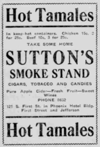 An ad selling tamales - a uniquely Southwestern addition to the Thanksgiving Shoppers Guide from the November 22, 1915 Arizona Republican newspaper.