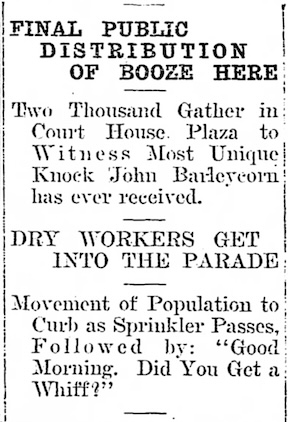 A headline about the distribution of liquor in Prohibition Era Phoenix, Arizona.