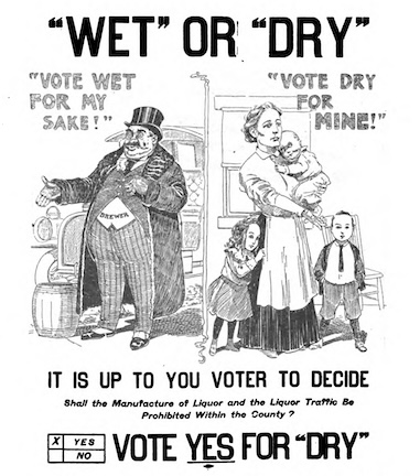 A black and white poster, urging people to vote for Prohibition, comparing innocent women and children to greedy liquor businessmen.