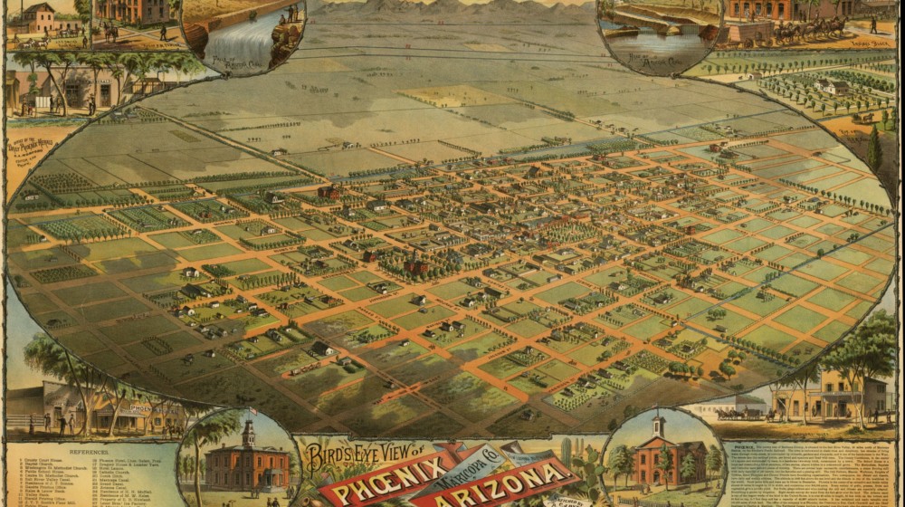 Dyer, C. J, Byrnes Litho, and Label & Litho. Co Schmidt. Bird's eye view of Phoenix, Maricopa Co., Arizona. Phoenix, 1885. Map.