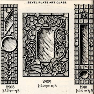 An image from a late 19th century window catalog, showing examples of beveled plate art glass windows, costing $2.50, $2.75, and $5.00 per square foot.