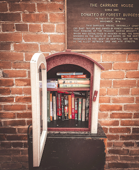 A picture of the Little Free Library located at The Square PHX in downtown Phoenix.