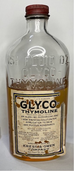 A picture of the Glyco-Thymoline bottle from the The Square PHX collection. In the photo it is half full, but the contents were properly disposed of shortly after the picture was taken.