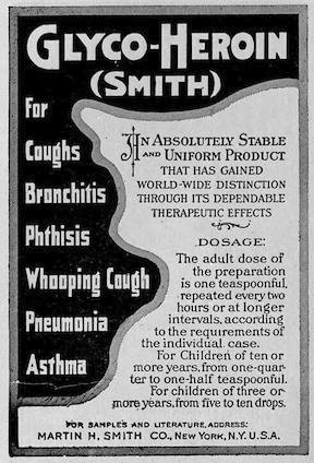 A Victorian Era advertisement for Glyco Heroin, promoting its use for upper respiratory illnesses.