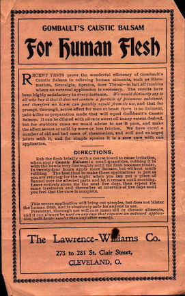 A Victorian Era ad for Gombault's Caustic Balsam, with the ad specifically promoting it "for human flesh," as opposed to horses and cattle.