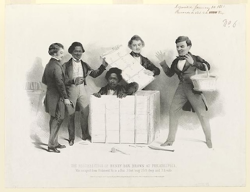 A printed image of the "unboxing" of Henry Brown after his escape from slavery.