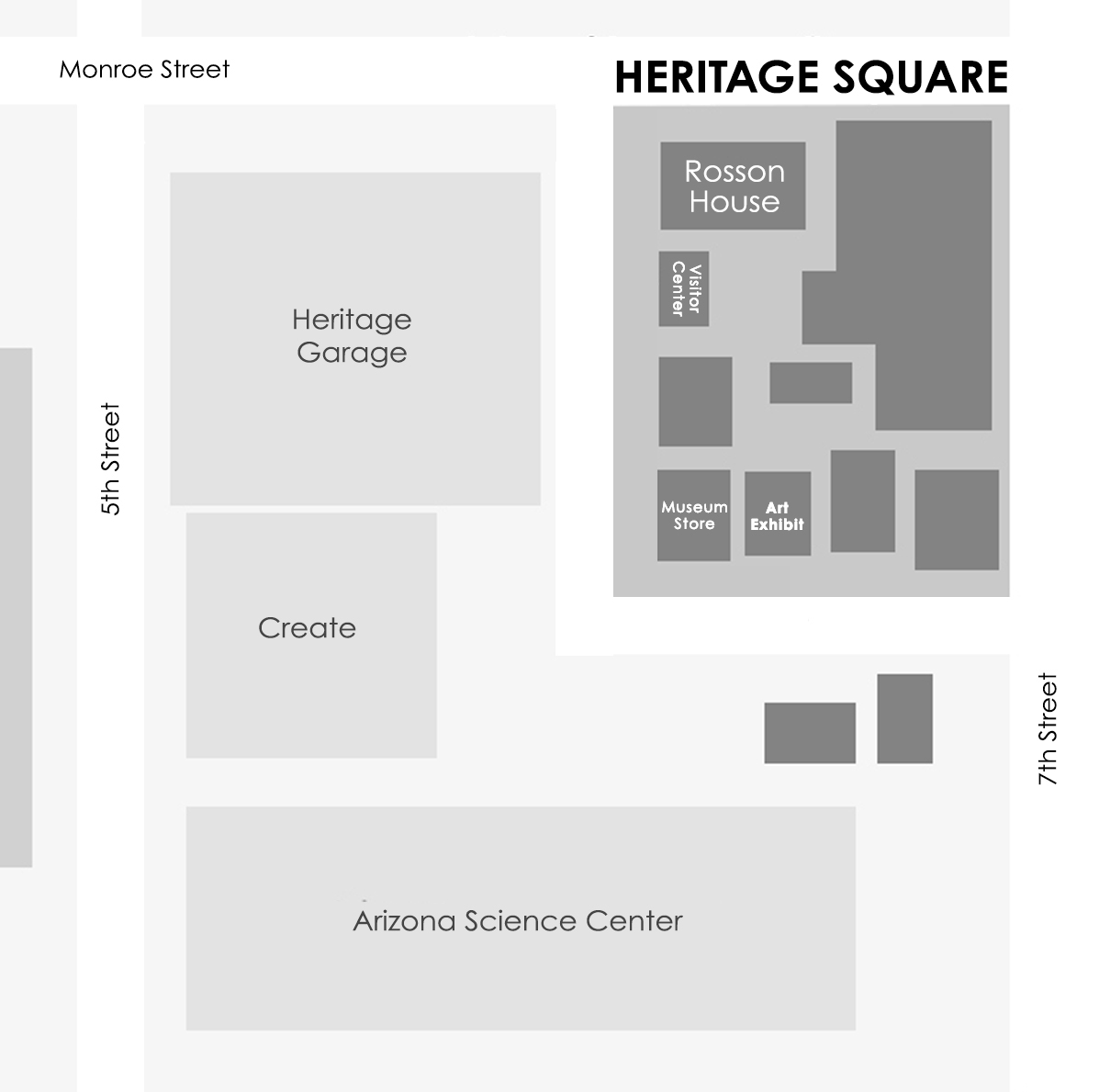 A map showing where buildings are located at The Square PHX.