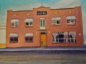 A painting by Gary Parcel of the St. James Hotel , built in 1928 and torn down in 2021 to be replaced with parking.