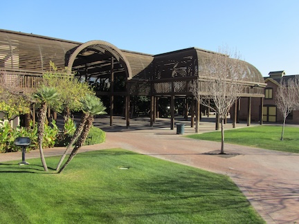 A photograph of the lath pavilion at historic The Square PHX.