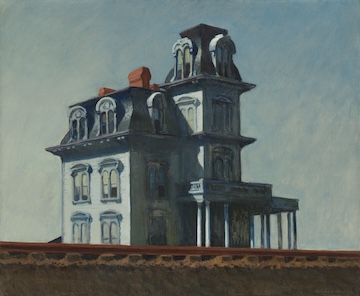 A painting of a tall, solitary Victorian house sitting beyond railroad tracks.