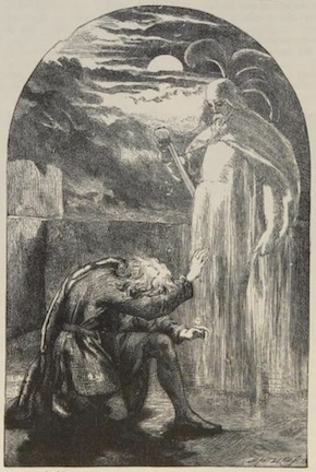 A black and white print illustrating Hamlet bowing down before the ghost of his father.