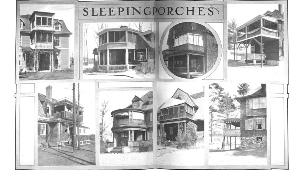 An image showing two pages of an old magazine, with black and white photos of older houses with sleeping porches.