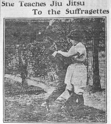 A newspaper photo from 1909 of two women learning self-defense.