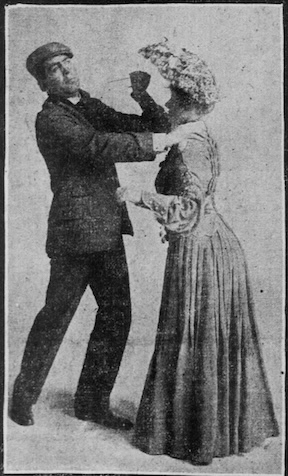 A newspaper photo from 1904 of a woman pretending to defend herself from attack, using a hatpin.