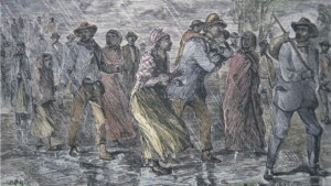 An antique sketch showing a group of people huddled over and walking in the rain.