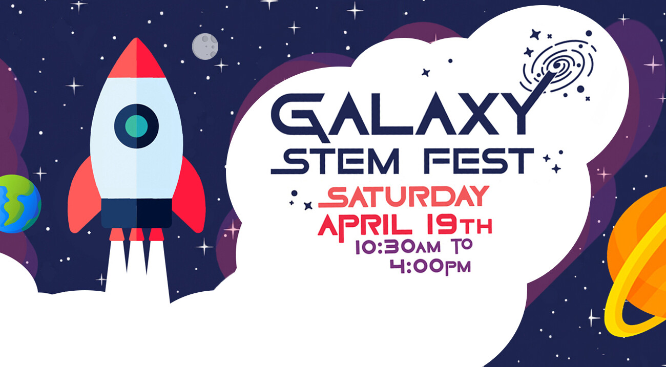 A graphic image of a rocket blasting into space. The image is promoting galaxy stem fest at The Square on April 19, 2025.