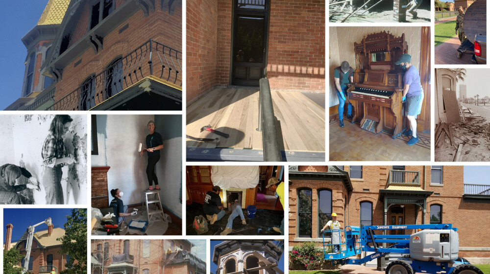 A collage of pictures showing construction work on old buildings at The Square throughout history.